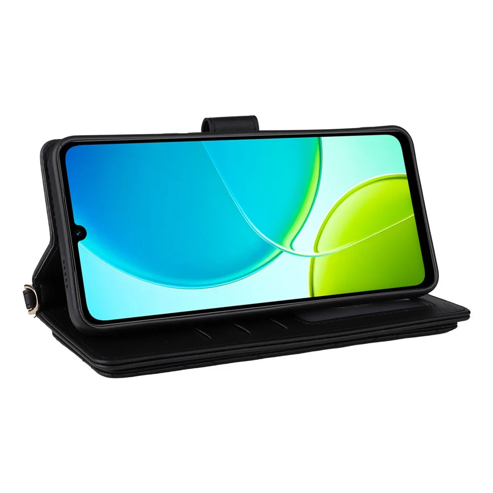 For vivo Y04 4G / Y29s 5G Wallet Case with Shoulder / Wrist Strap Leather Phone Cover Stand - Black - 5