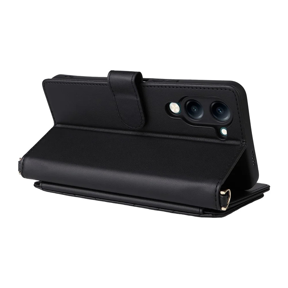 For vivo Y04 4G / Y29s 5G Wallet Case with Shoulder / Wrist Strap Leather Phone Cover Stand - Black - 6