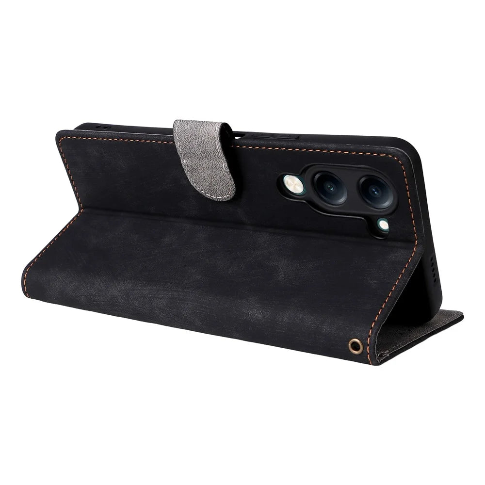 For vivo Y04 4G / Y29s 5G Case Wallet RFID Blocking PU Leather Cover Viewing Stand - Black - 5