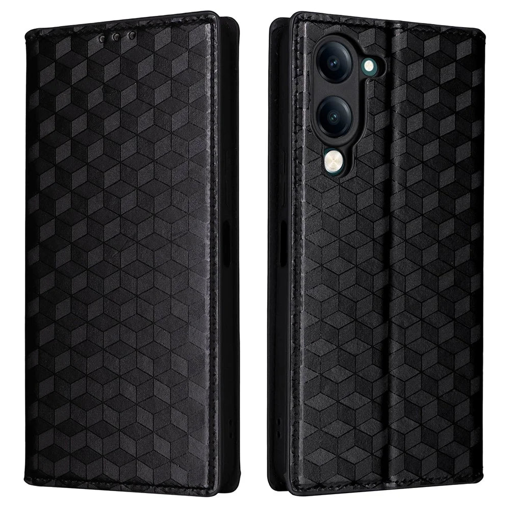 For vivo Y04 4G / Y29s 5G Case Wallet Rhombus Imprinted Leather Phone Cover - Black - 1