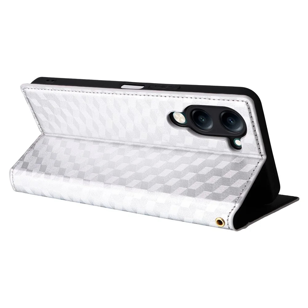 For vivo Y04 4G / Y29s 5G Case Wallet Rhombus Imprinted Leather Phone Cover - Black - 5
