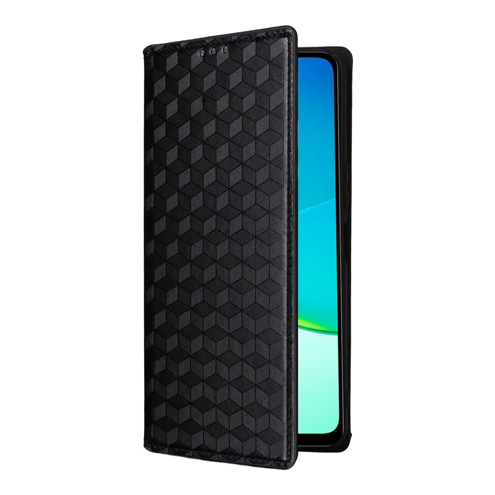 For vivo Y04 4G / Y29s 5G Case Wallet Rhombus Imprinted Leather Phone Cover - Black - 6