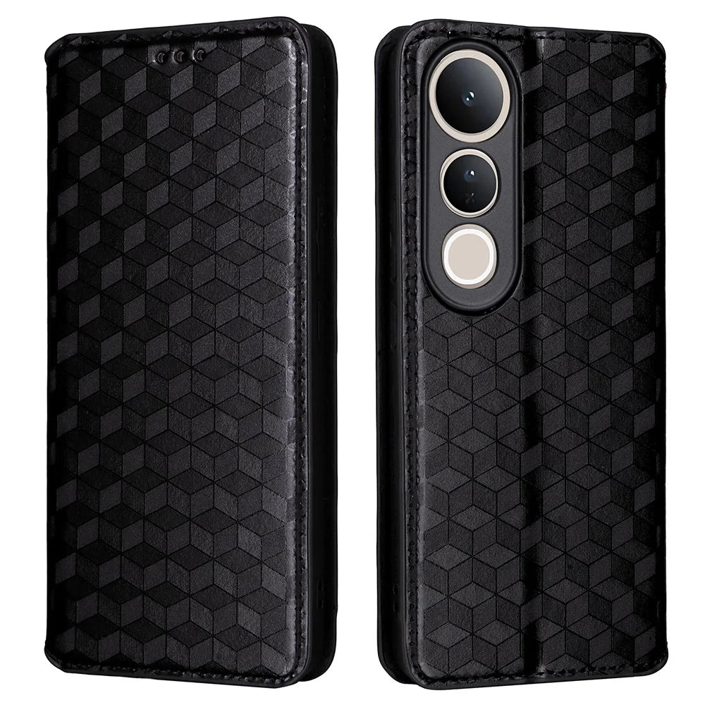 For vivo V50 Lite 4G / 5G Case Wallet Rhombus Imprinted Leather Phone Cover - Black - 1