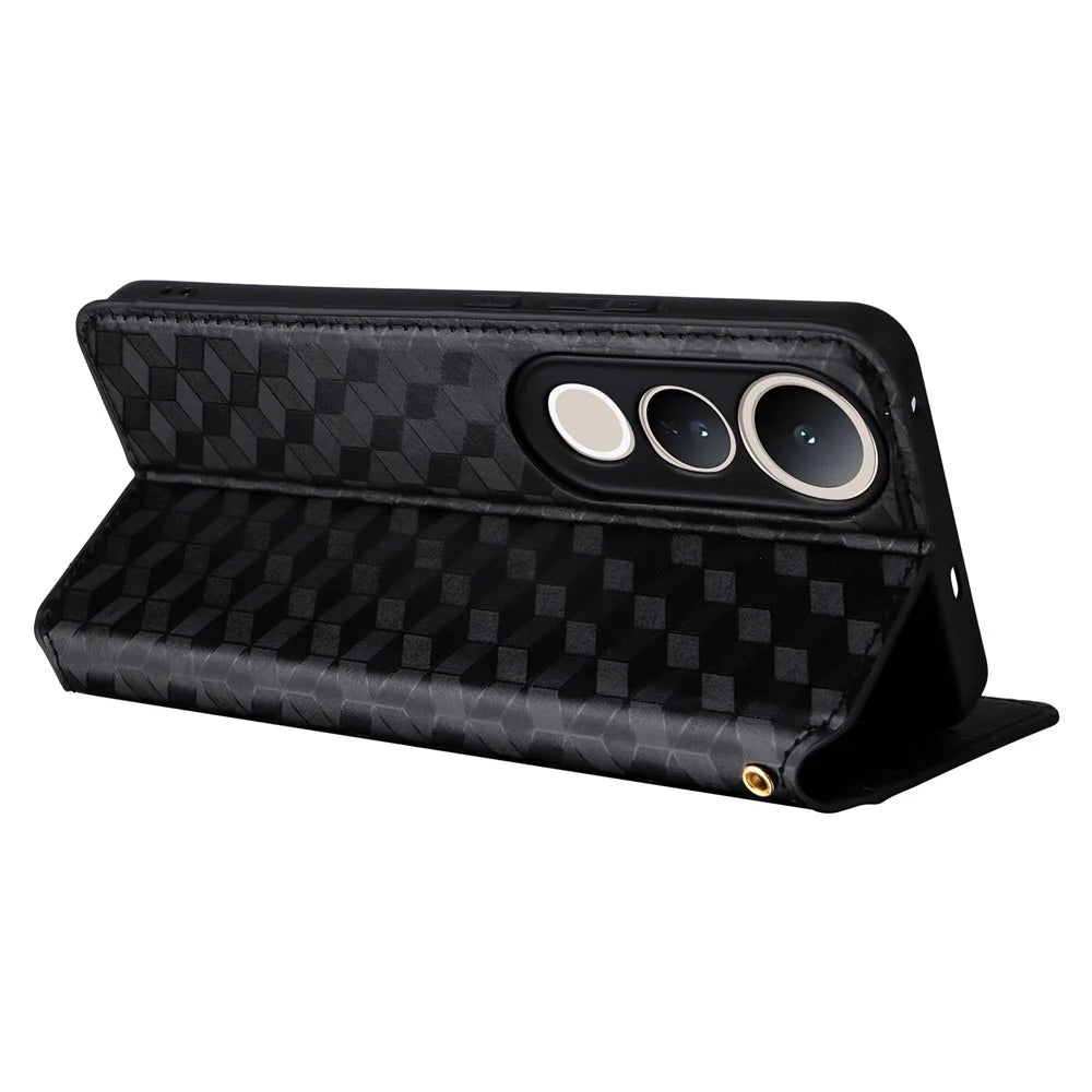 For vivo V50 Lite 4G / 5G Case Wallet Rhombus Imprinted Leather Phone Cover - Black - 5