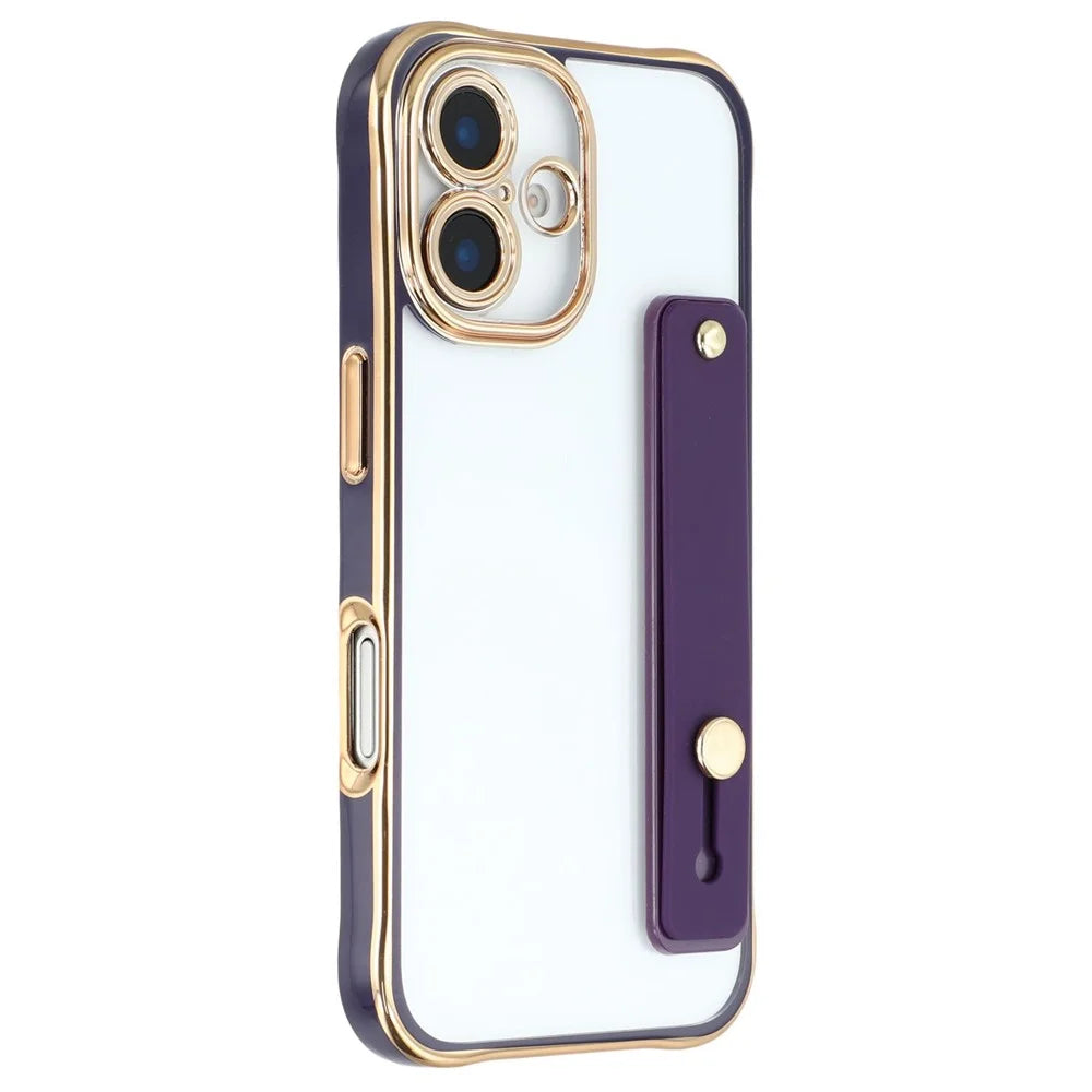 For iPhone 16 Case with Kickstand Electroplated 2.0mm Acrylic TPU Shockproof Phone Cover - Purple - 1