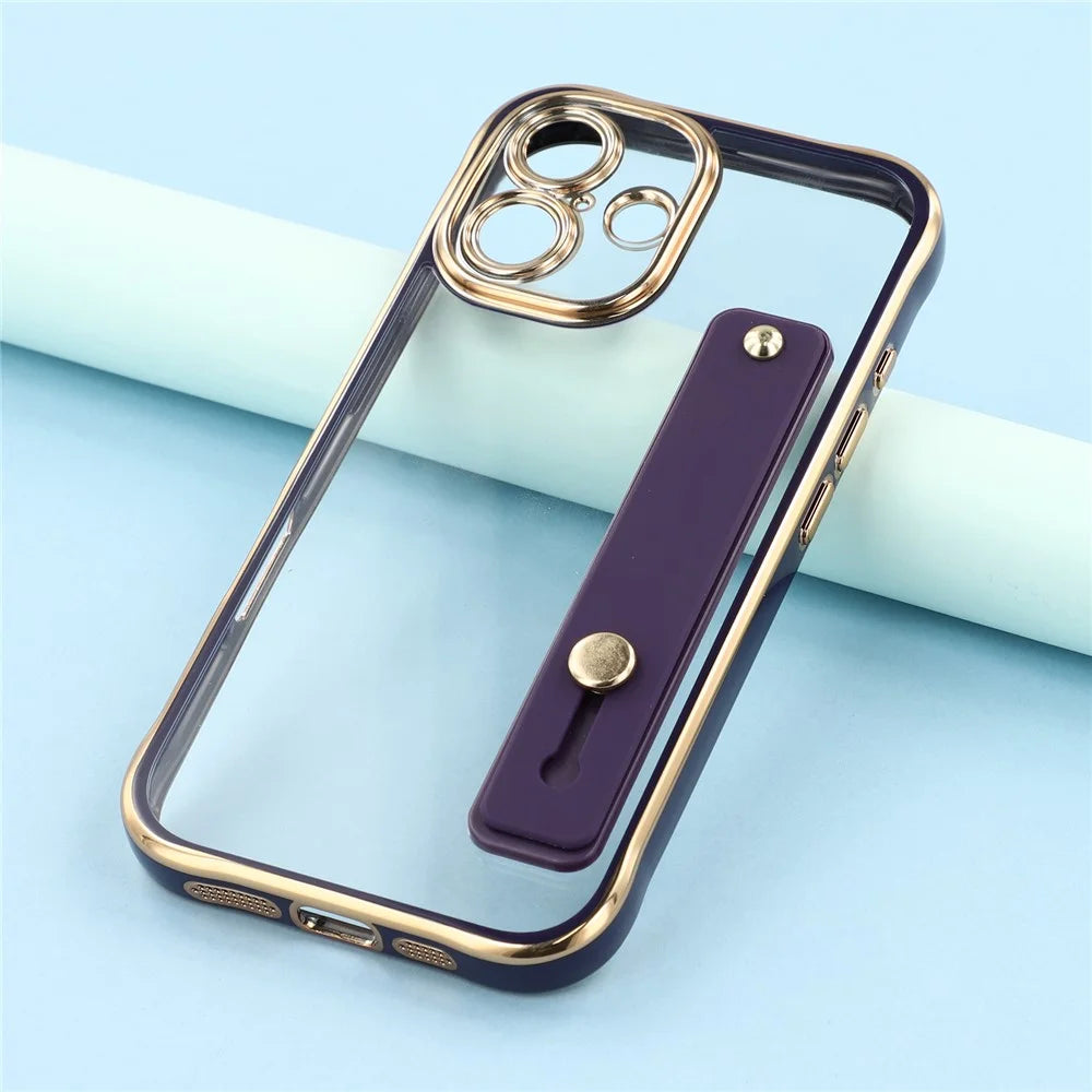 For iPhone 16 Case with Kickstand Electroplated 2.0mm Acrylic TPU Shockproof Phone Cover - Purple - 7