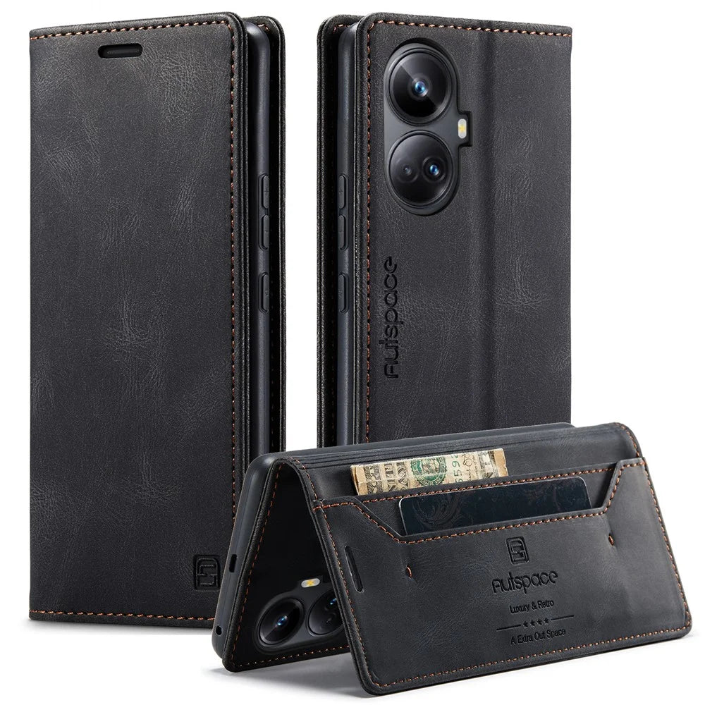 AUTSPACE For Realme 10 Pro+ 5G Wallet Case  A01 Leather Stand Cover with RFID Blocking Card Holder - Black - 1