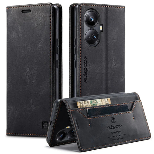 AUTSPACE For Realme 10 Pro+ 5G Wallet Case  A01 Leather Stand Cover with RFID Blocking Card Holder - Black - 1