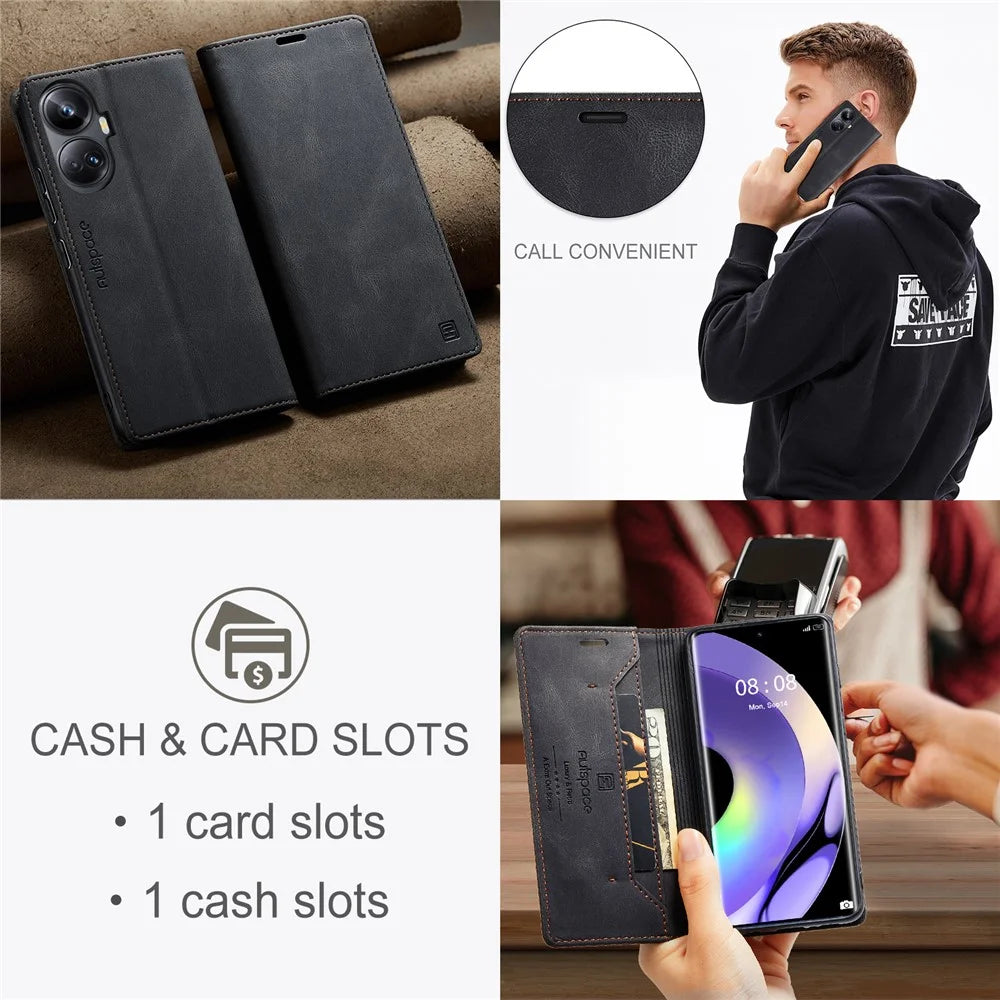 AUTSPACE For Realme 10 Pro+ 5G Wallet Case  A01 Leather Stand Cover with RFID Blocking Card Holder - Black - 5