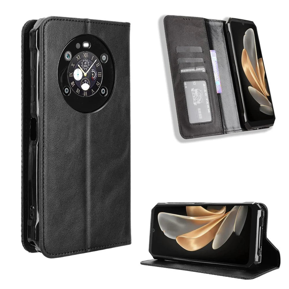 For FOSSiBOT F109 5G Retro PU Leather Case Phone Wallet Stand Cover - Black - 1