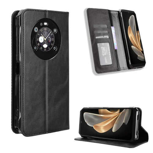 For FOSSiBOT F109 5G Retro PU Leather Case Phone Wallet Stand Cover - Black - 1