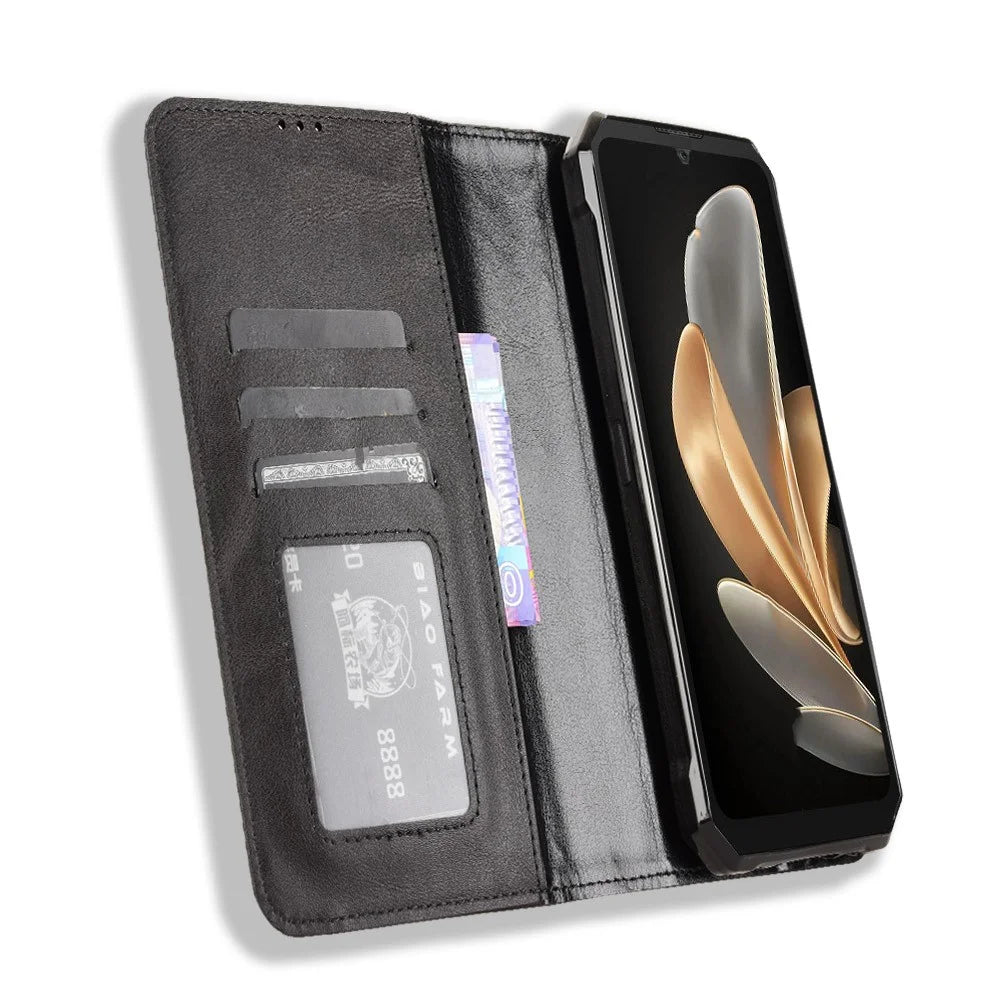 For FOSSiBOT F109 5G Retro PU Leather Case Phone Wallet Stand Cover - Black - 5