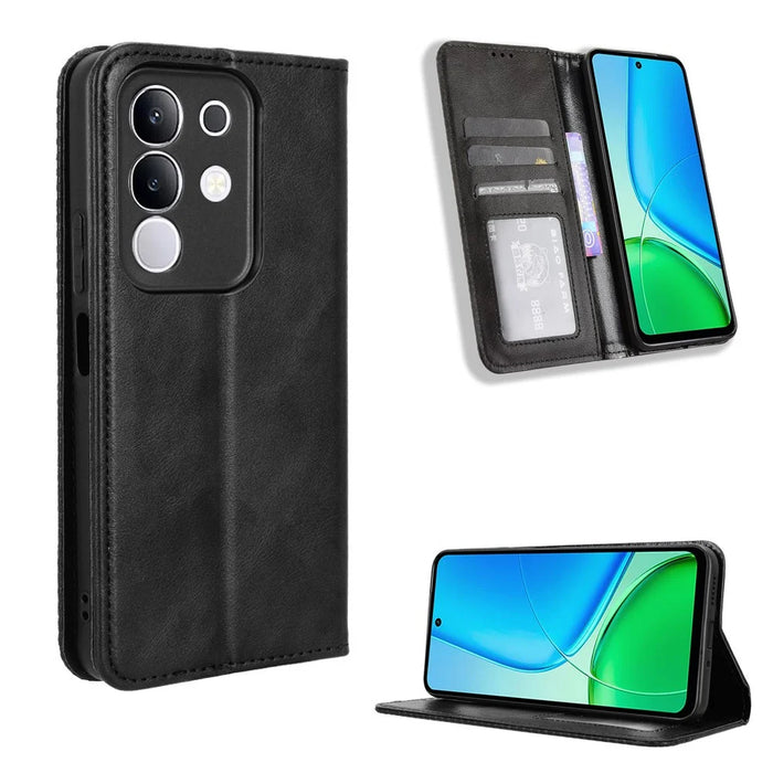 For vivo Y29 4G Retro PU Leather Case Phone Wallet Stand Cover - Black - 1