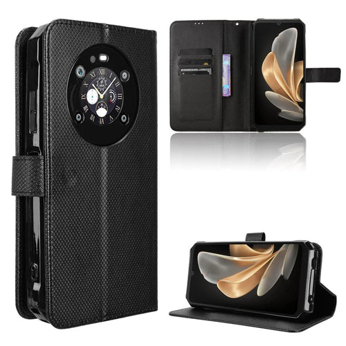 For FOSSiBOT F109 5G Leather Wallet Case with Strap Diamond Texture Phone Cover - Black - 1