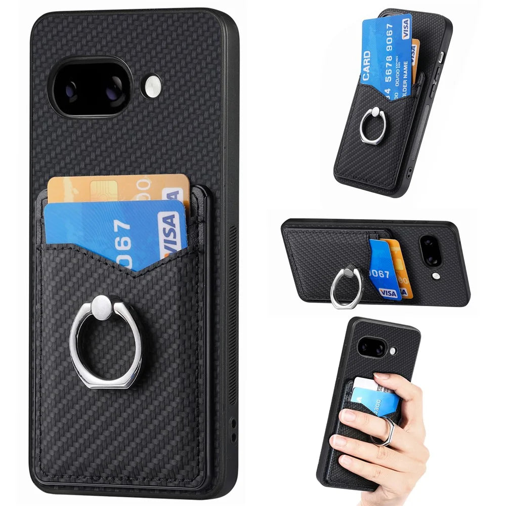 For Google Pixel 9a Case Card Slots Ring Holder Kickstand Phone Cover - Black - 1