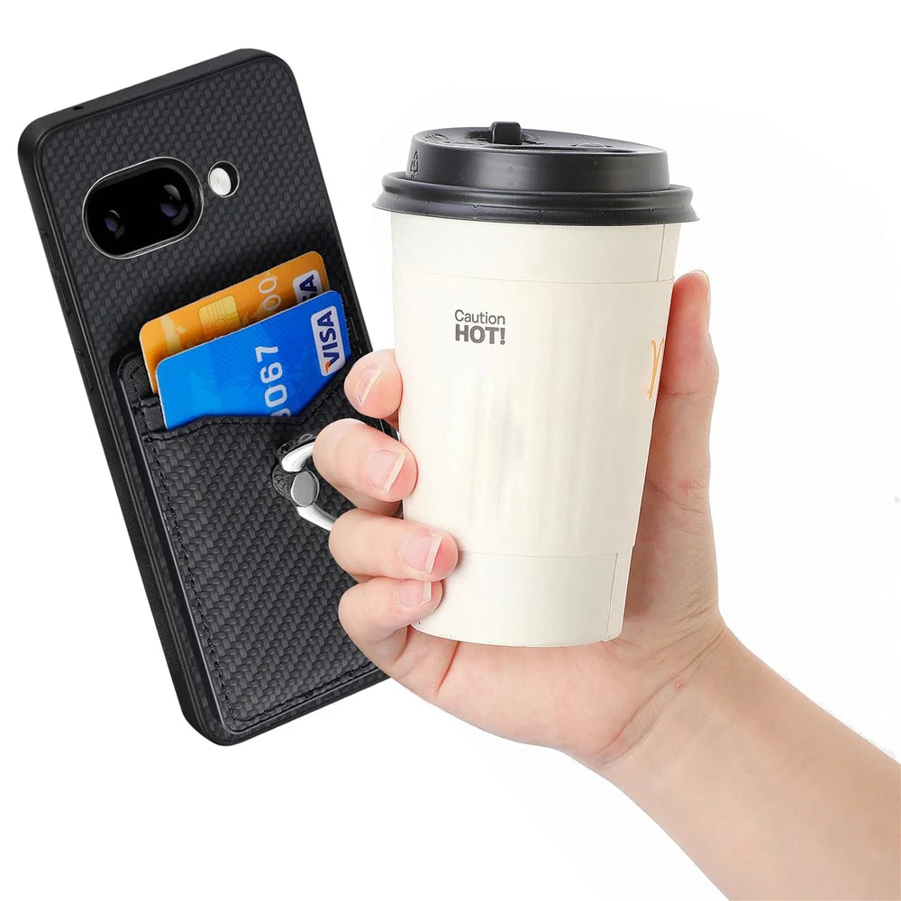 For Google Pixel 9a Case Card Slots Ring Holder Kickstand Phone Cover - Black - 4