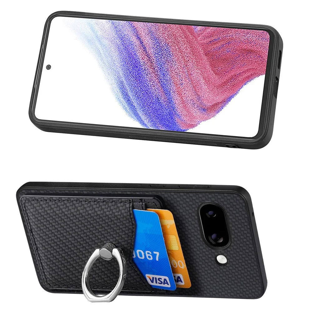 For Google Pixel 9a Case Card Slots Ring Holder Kickstand Phone Cover - Black - 5