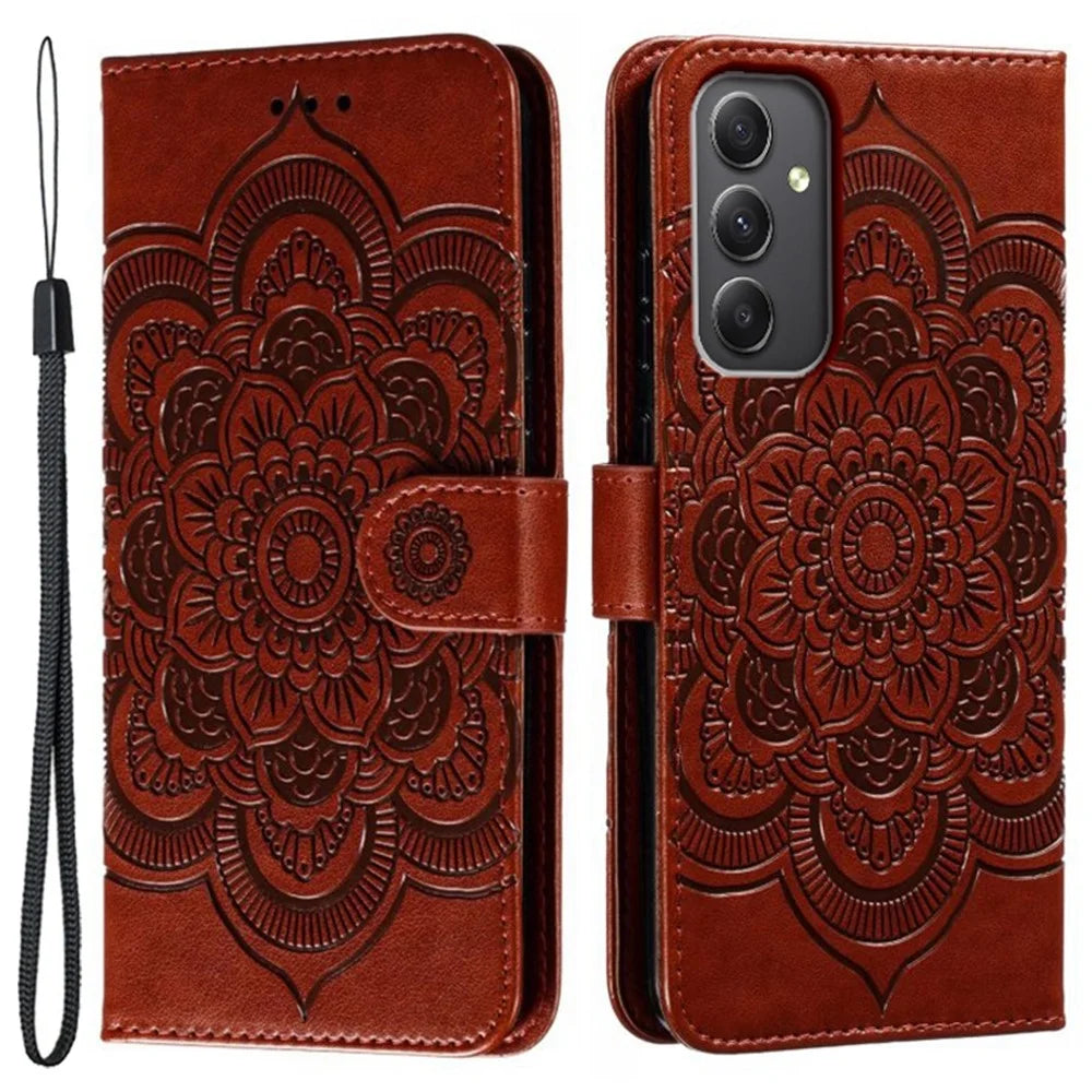 For Samsung Galaxy A36 5G Case PU Leather Mandala Imprinted Design Wallet Phone Cover - Brown - 1