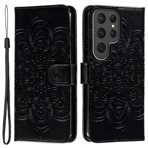 For Samsung Galaxy S25 Ultra Case PU Leather Mandala Imprinted Design Wallet Phone Cover - Black - 1