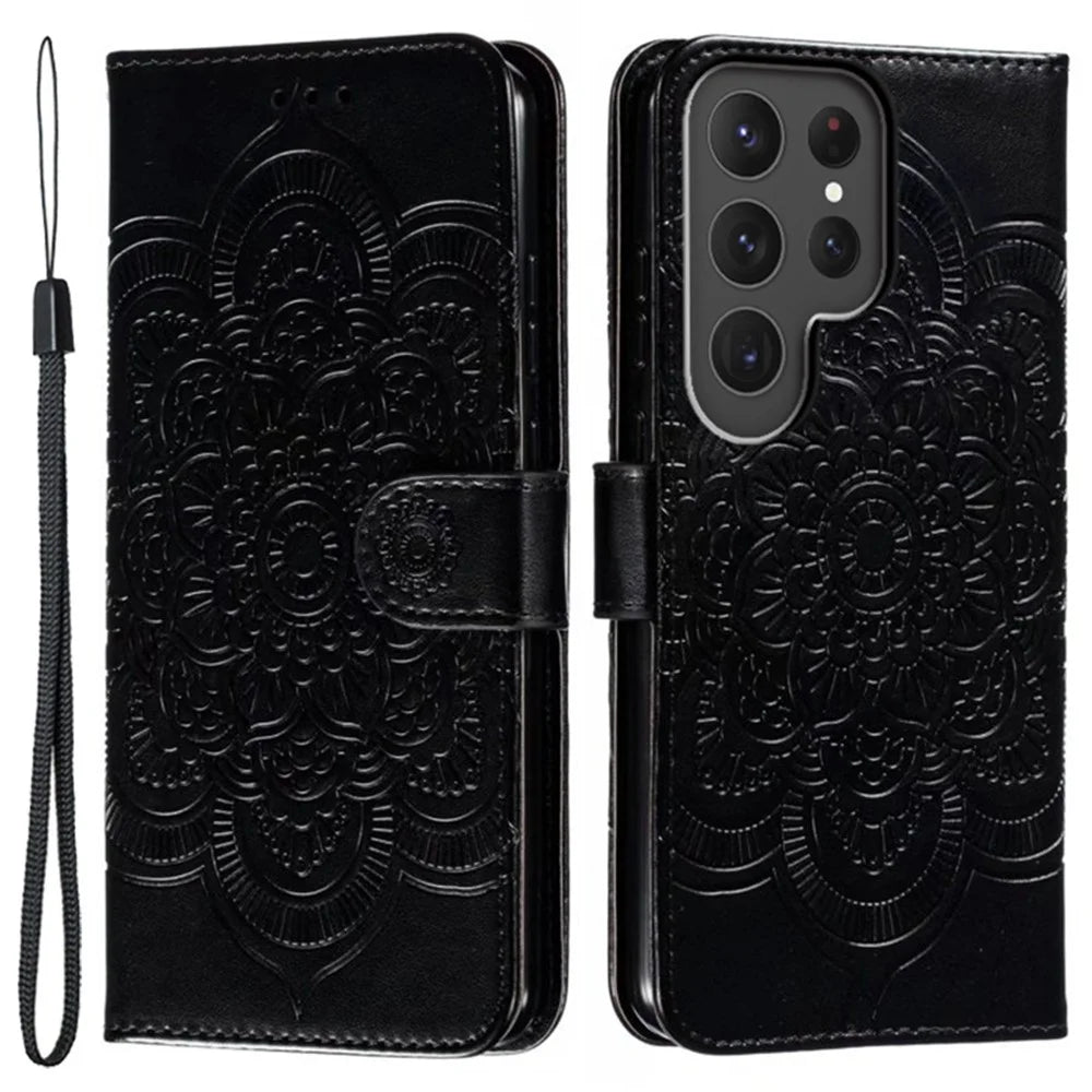 For Samsung Galaxy S25 Ultra Case PU Leather Mandala Imprinted Design Wallet Phone Cover - Black - 1
