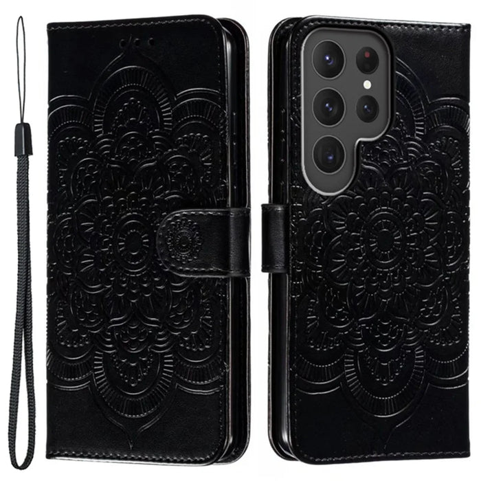 For Samsung Galaxy S25 Ultra Case PU Leather Mandala Imprinted Design Wallet Phone Cover - Black - 1