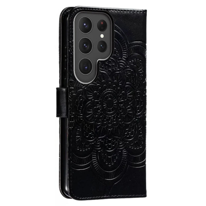 For Samsung Galaxy S25 Ultra Case PU Leather Mandala Imprinted Design Wallet Phone Cover - Black - 6