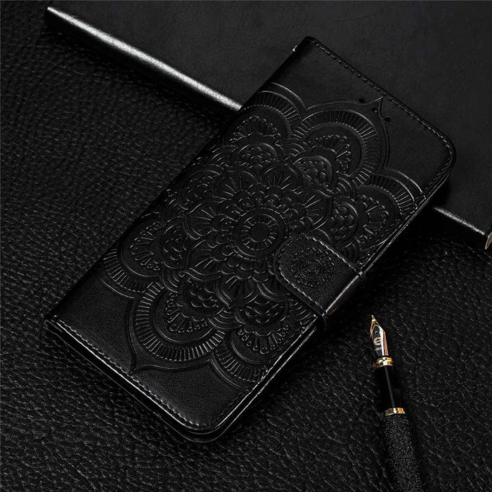 For Samsung Galaxy S24 Ultra Case PU Leather Mandala Imprinted Design Wallet Phone Cover - Black - 6
