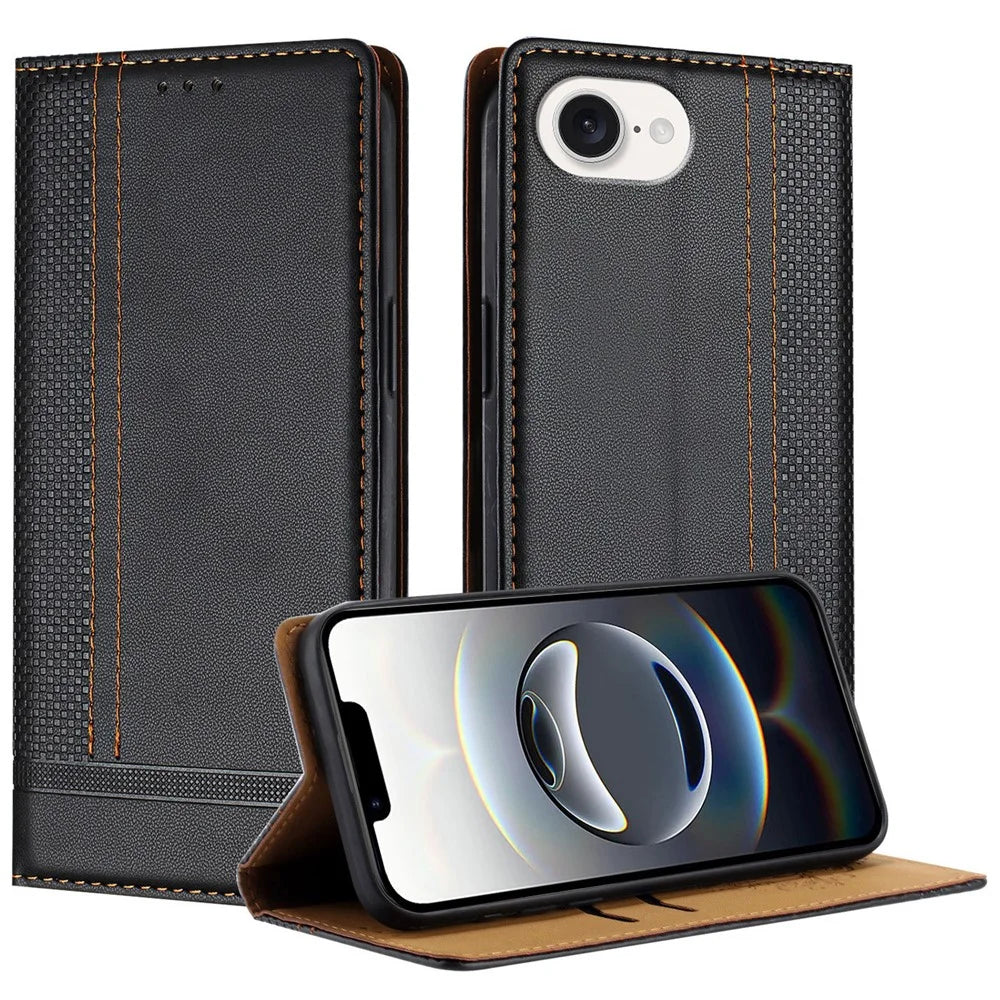 For iPhone 17e / 16e Case L-Shaped Grid Pattern Leather Stand Phone Cover with Card Slots - Black - 1