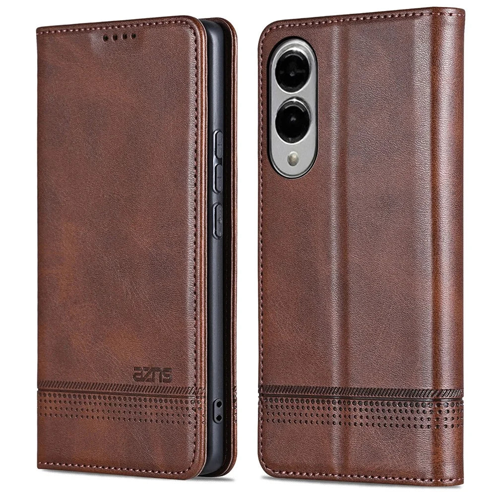 AZNS For Samsung Galaxy S25 Edge Case Cowhide Texture PU Leather Wallet Phone Cover - Coffee - 1