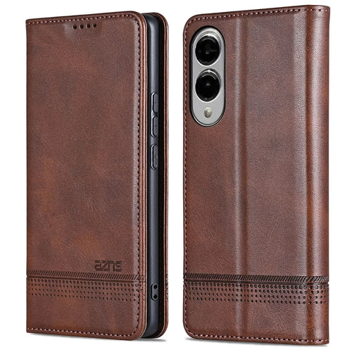 AZNS For Samsung Galaxy S25 Edge Case Cowhide Texture PU Leather Wallet Phone Cover - Coffee - 1
