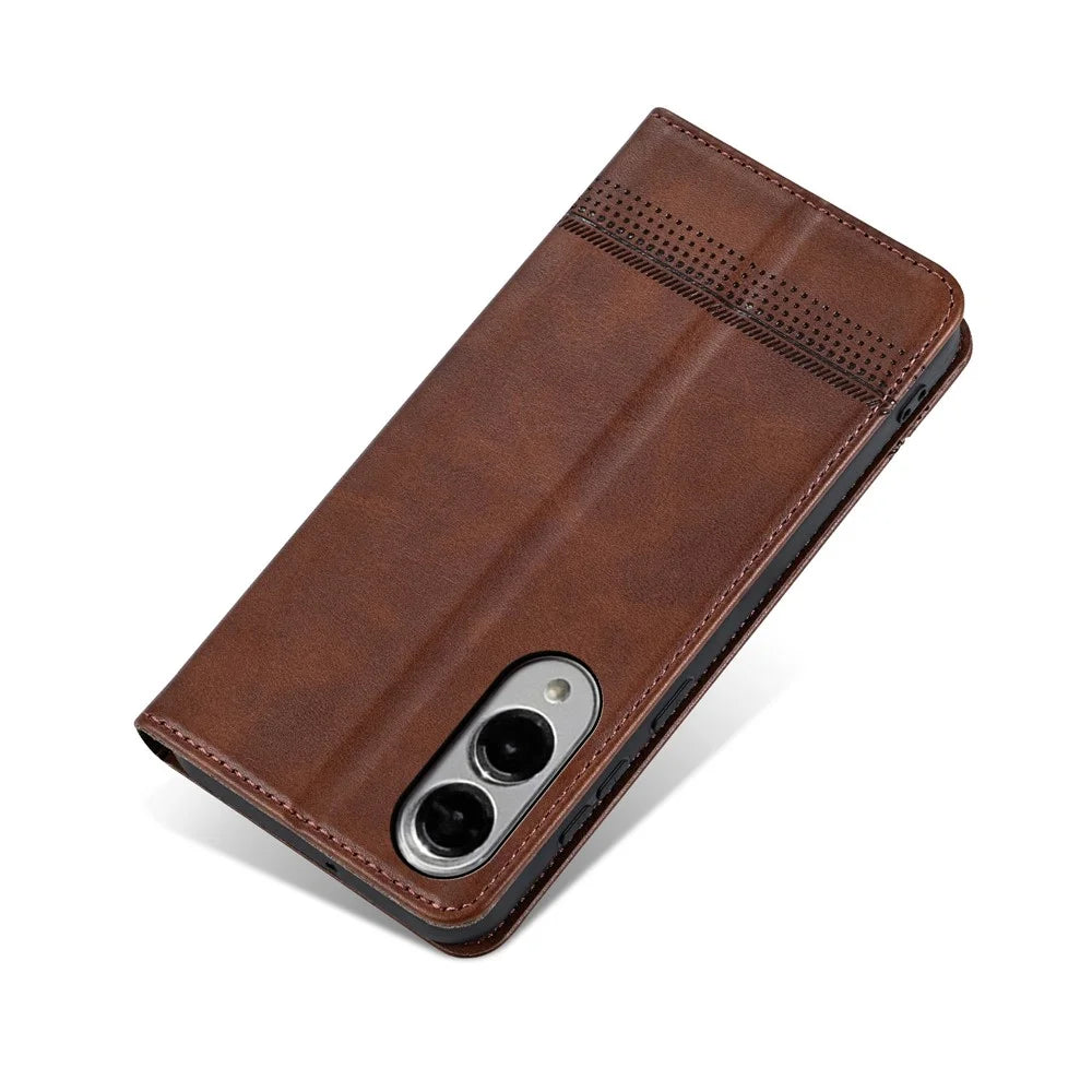 AZNS For Samsung Galaxy S25 Edge Case Cowhide Texture PU Leather Wallet Phone Cover - Coffee - 7