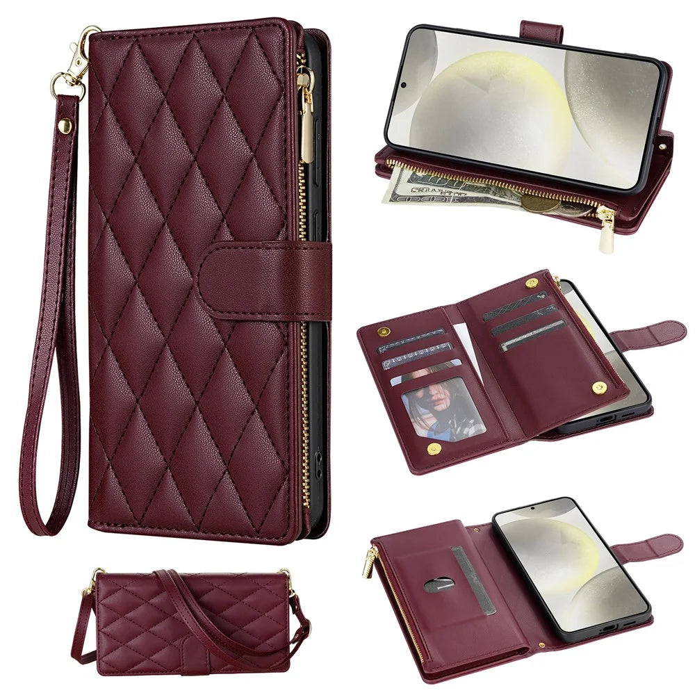 For Samsung Galaxy S25 Edge Case Rhombus Stitching Leather Wallet Phone Cover with Long  /  Short Strap - Wine Red - 1