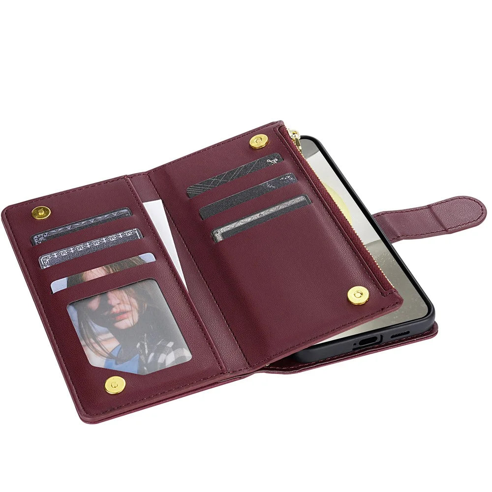 For Samsung Galaxy S25 Edge Case Rhombus Stitching Leather Wallet Phone Cover with Long  /  Short Strap - Wine Red - 3