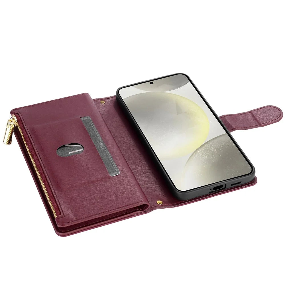 For Samsung Galaxy S25 Edge Case Rhombus Stitching Leather Wallet Phone Cover with Long  /  Short Strap - Wine Red - 4