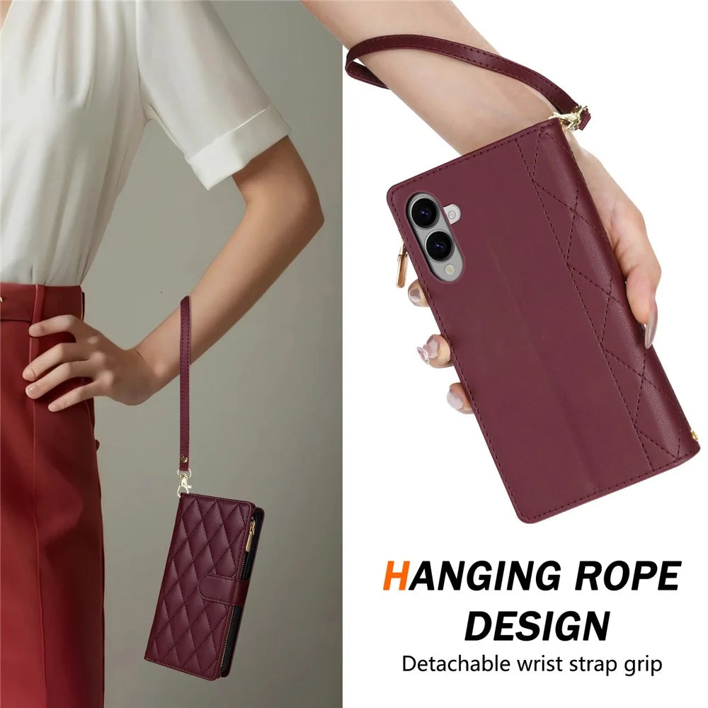 For Samsung Galaxy S25 Edge Case Rhombus Stitching Leather Wallet Phone Cover with Long  /  Short Strap - Wine Red - 5