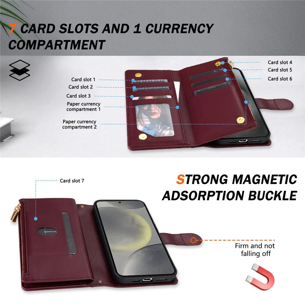 For Samsung Galaxy S25 Edge Case Rhombus Stitching Leather Wallet Phone Cover with Long  /  Short Strap - Wine Red - 6