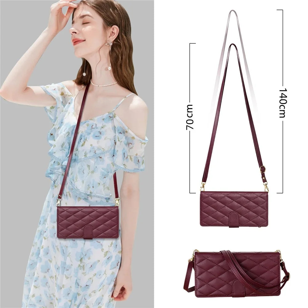 For Samsung Galaxy S25 Edge Case Rhombus Stitching Leather Wallet Phone Cover with Long  /  Short Strap - Wine Red - 7