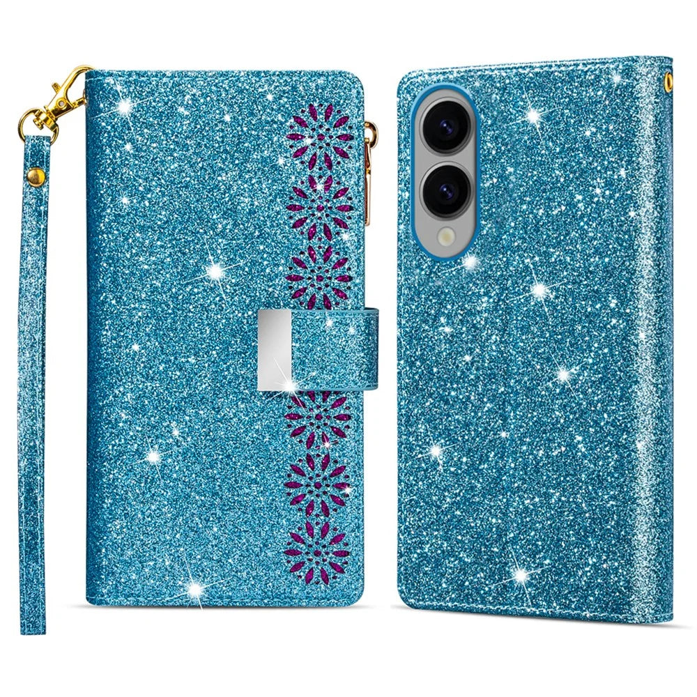 For Samsung Galaxy S25 Edge Case Starry Sky Carving Leather Wallet Phone Cover - Blue - 1