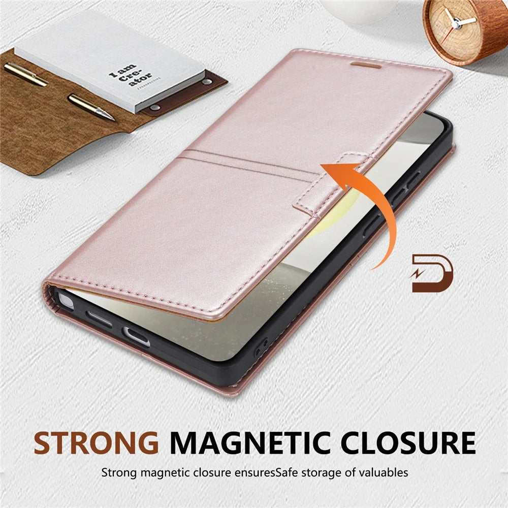 For Samsung Galaxy S25 Edge Wallet Case Magnetic Closing Leather Phone Cover - Rose Gold - 6