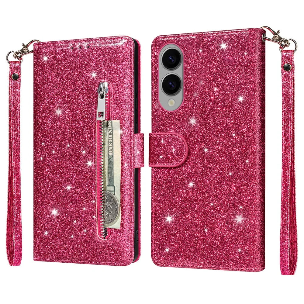 For Samsung Galaxy S25 Edge Stand Case Glitter Phone Leather Cover Zipper Pocket - Rose - 1