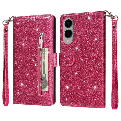 For Samsung Galaxy S25 Edge Stand Case Glitter Phone Leather Cover Zipper Pocket - Rose - 1