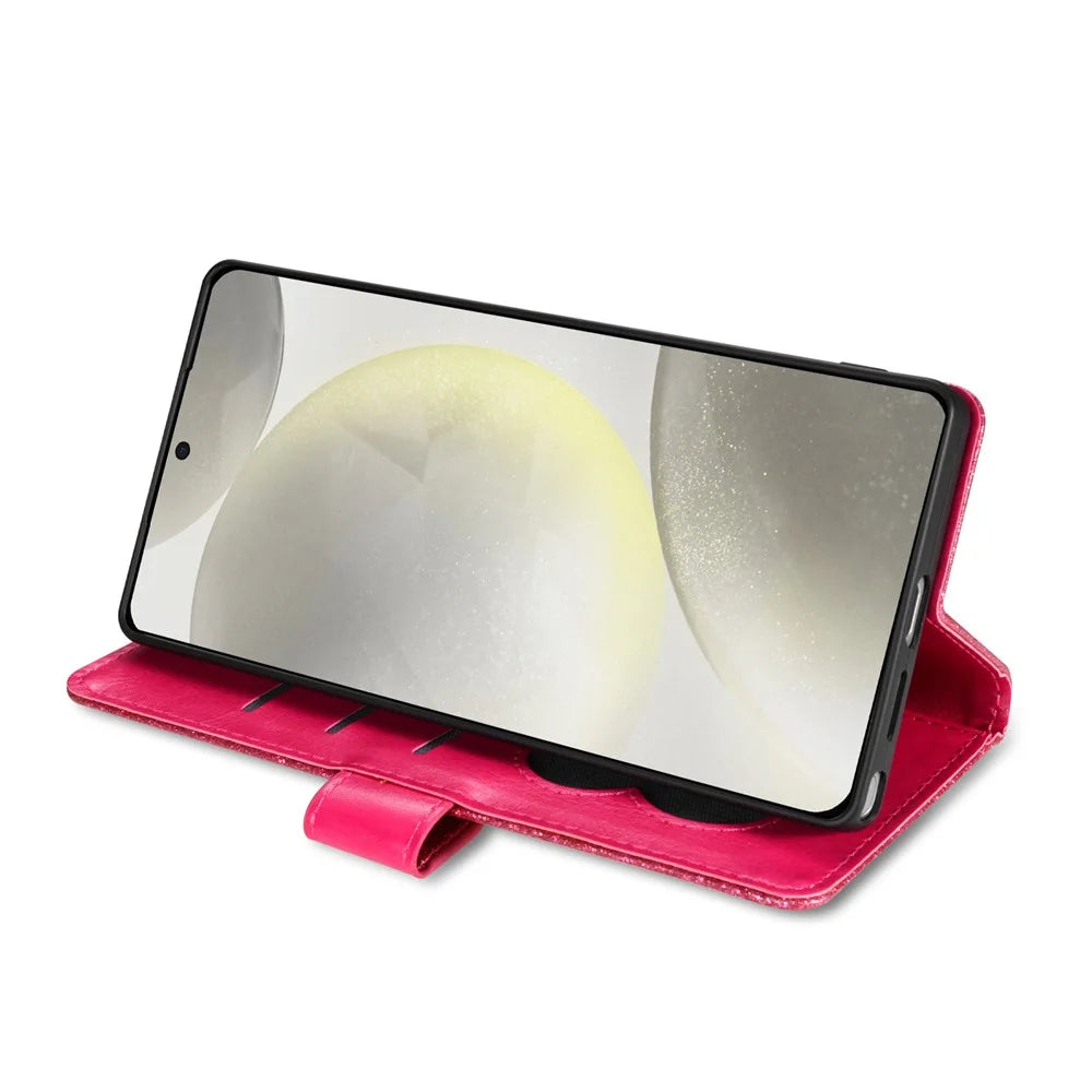 For Samsung Galaxy S25 Edge Stand Case Glitter Phone Leather Cover Zipper Pocket - Rose - 2