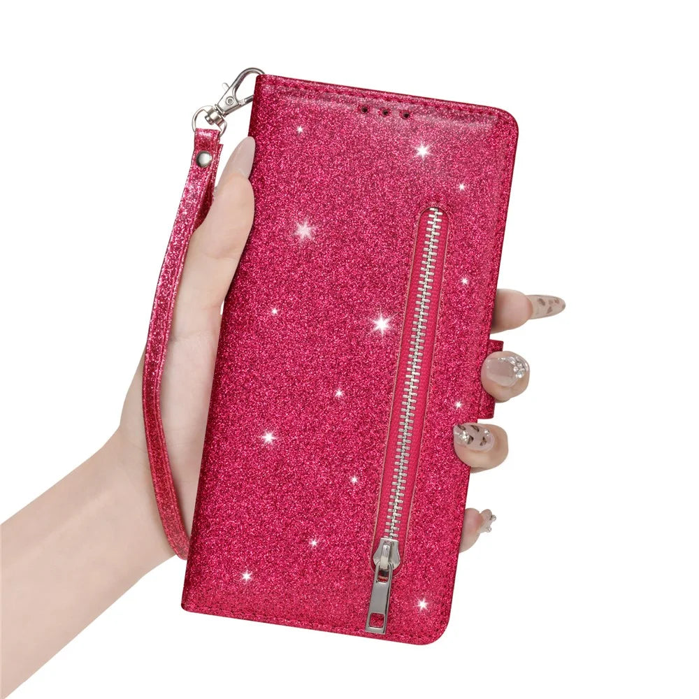 For Samsung Galaxy S25 Edge Stand Case Glitter Phone Leather Cover Zipper Pocket - Rose - 4