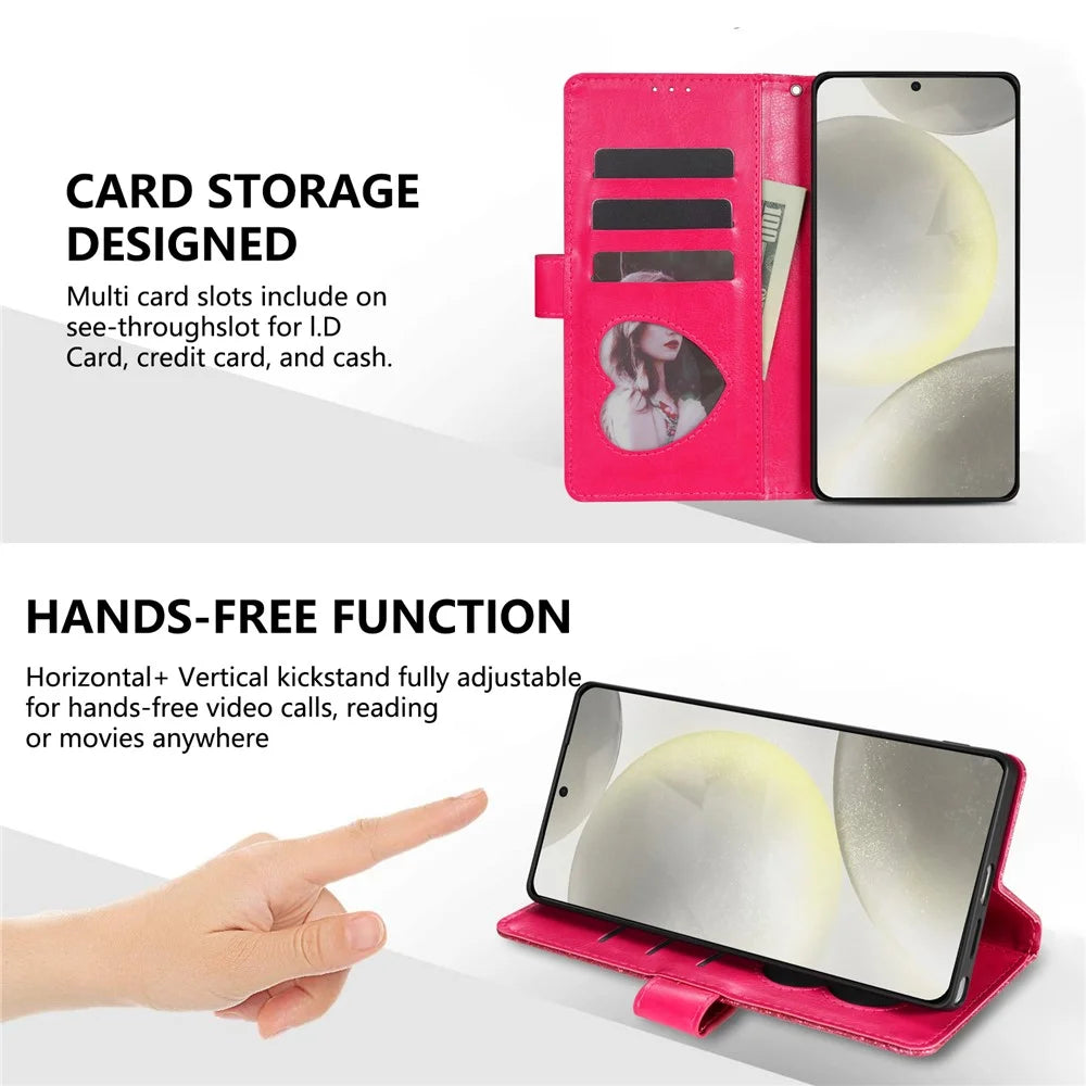 For Samsung Galaxy S25 Edge Stand Case Glitter Phone Leather Cover Zipper Pocket - Rose - 5