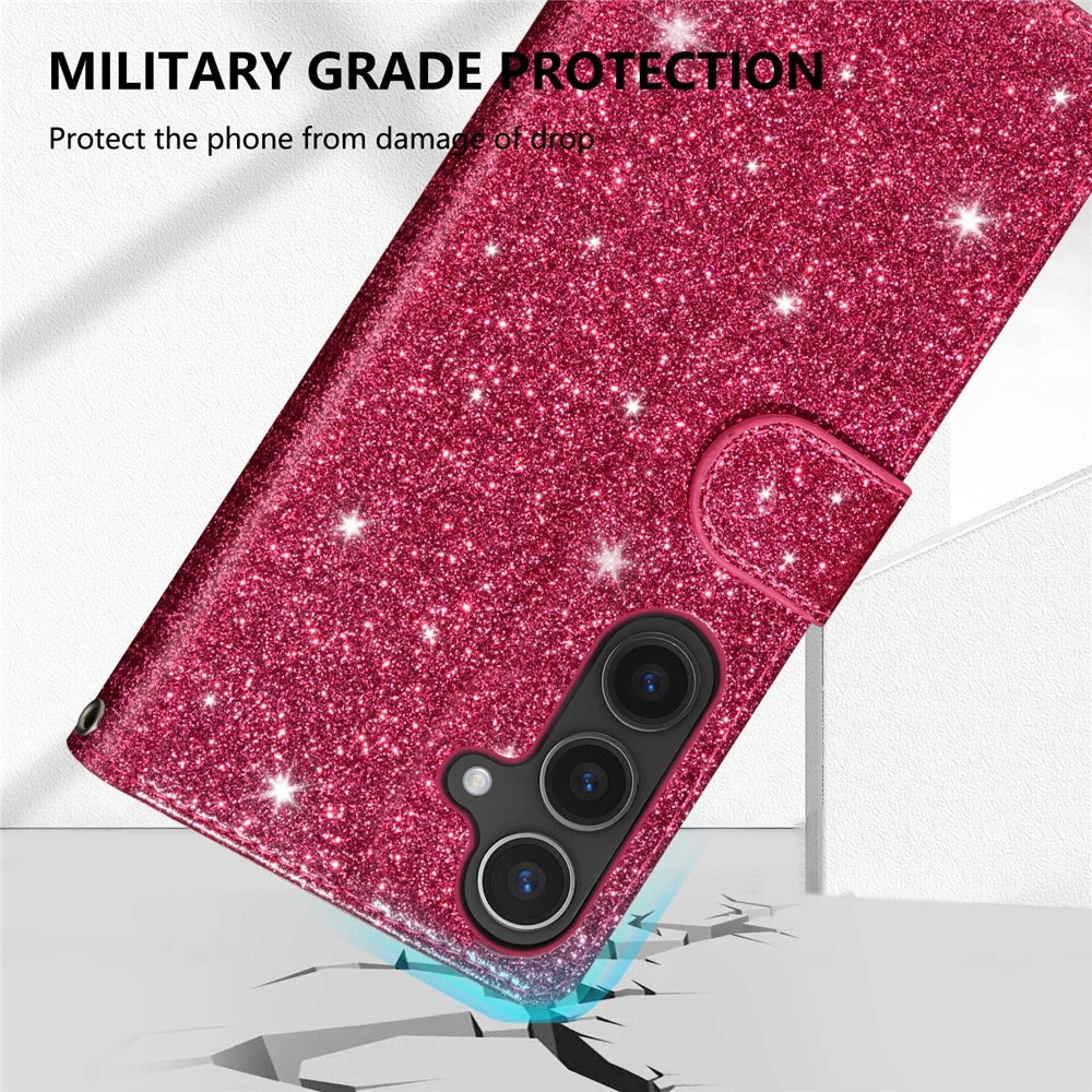 For Samsung Galaxy S25 Edge Stand Case Glitter Phone Leather Cover Zipper Pocket - Rose - 6