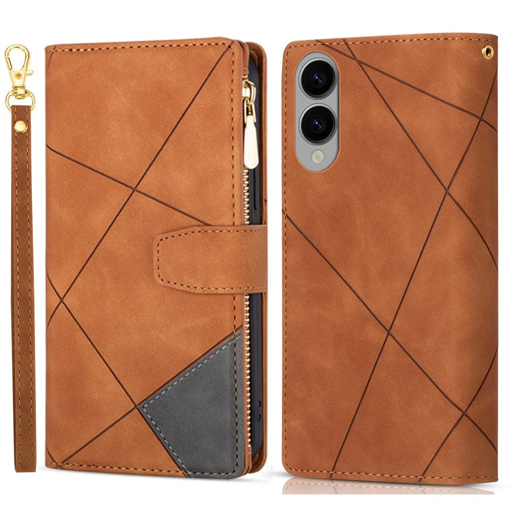 For Samsung Galaxy S25 Edge Wallet Case Color Splicing Leather Phone Cover with Stand - Brown - 1