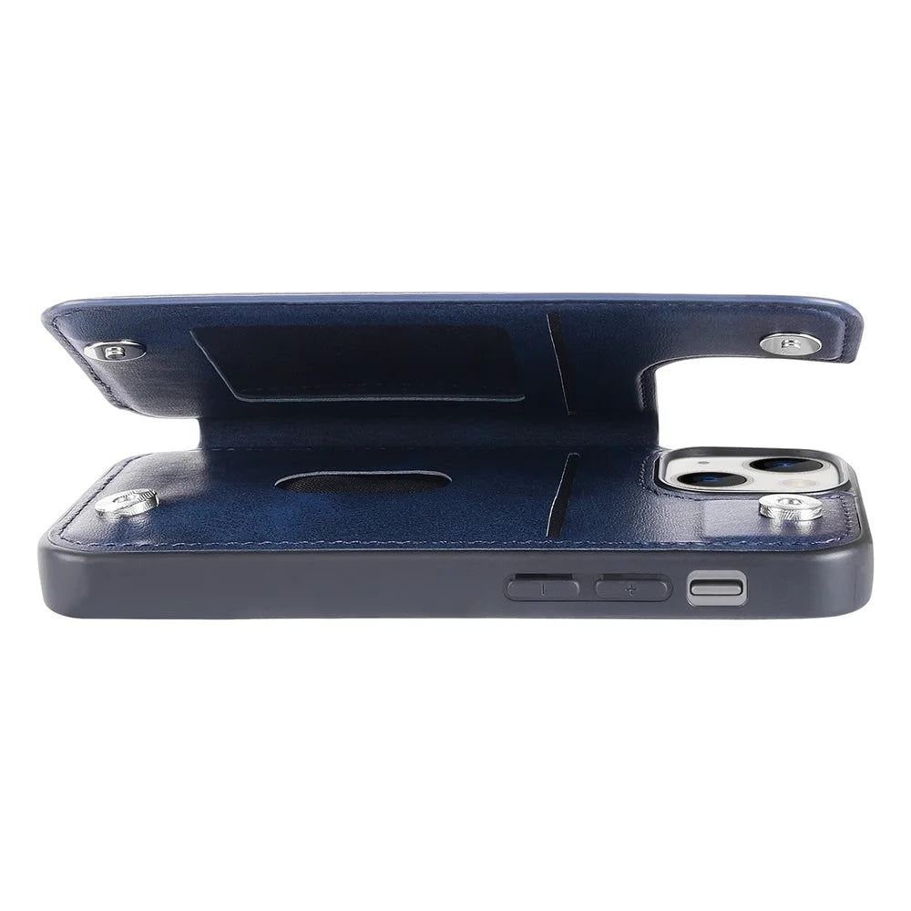 HANMAN Mika Series For iPhone 14 Magnetic Closure Card Slots Case PU Leather Coated TPU Anti-drop Phone Cover - Blue - 3