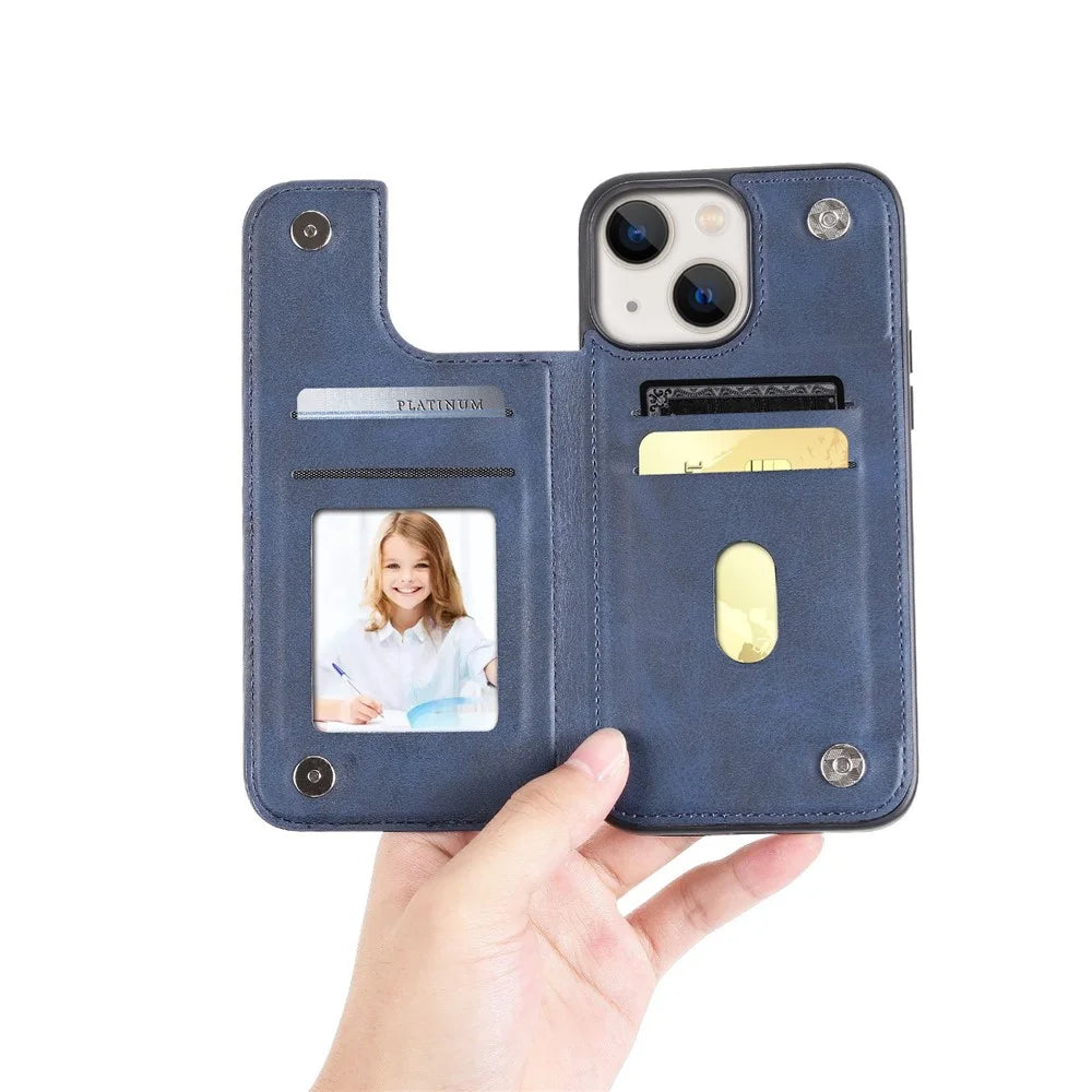 HANMAN Mika Series For iPhone 14 Magnetic Closure Card Slots Case PU Leather Coated TPU Anti-drop Phone Cover - Blue - 4