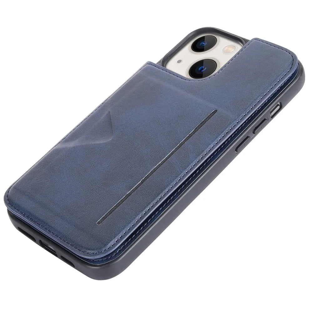 HANMAN Mika Series For iPhone 14 Magnetic Closure Card Slots Case PU Leather Coated TPU Anti-drop Phone Cover - Blue - 5