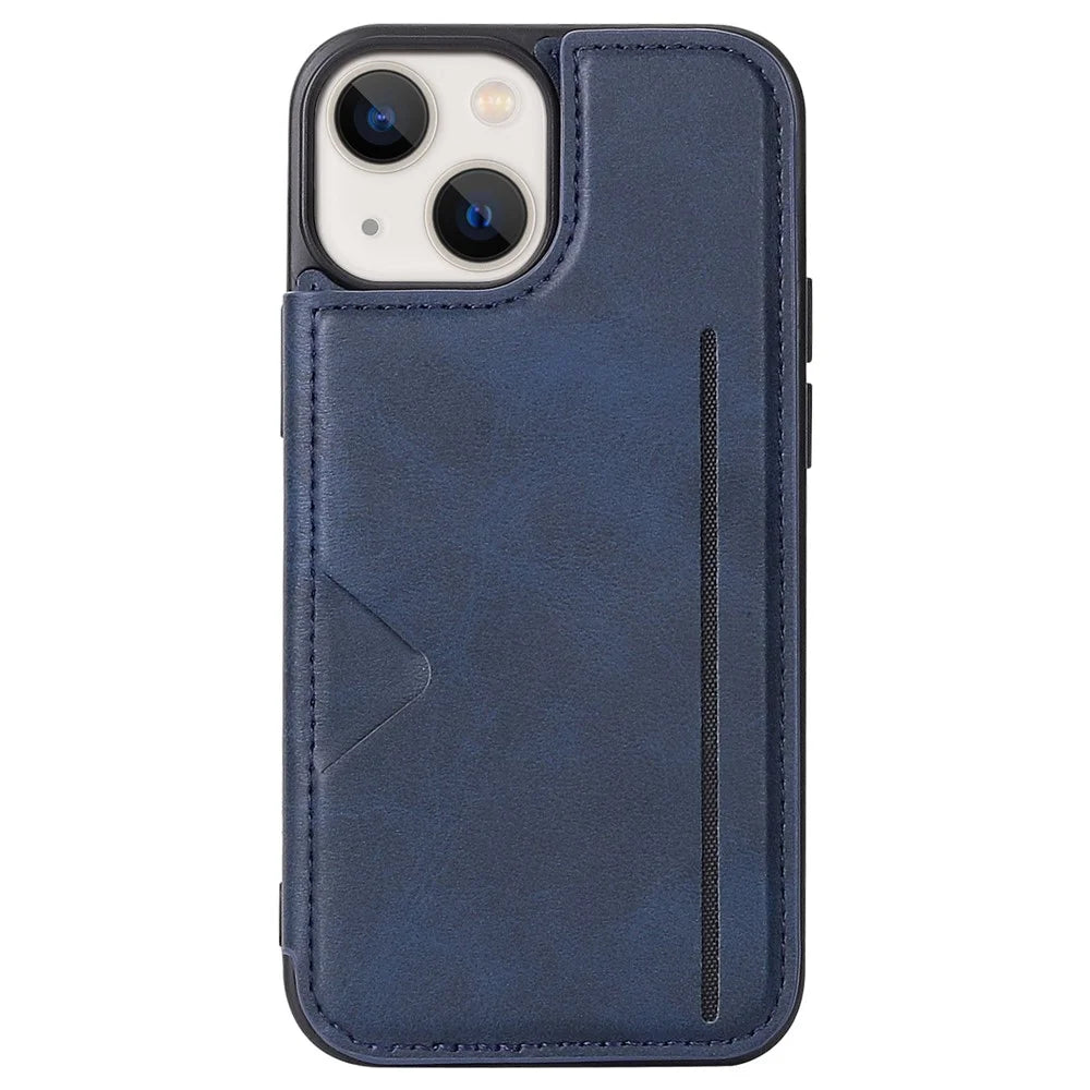 HANMAN Mika Series For iPhone 14 Magnetic Closure Card Slots Case PU Leather Coated TPU Anti-drop Phone Cover - Blue - 7